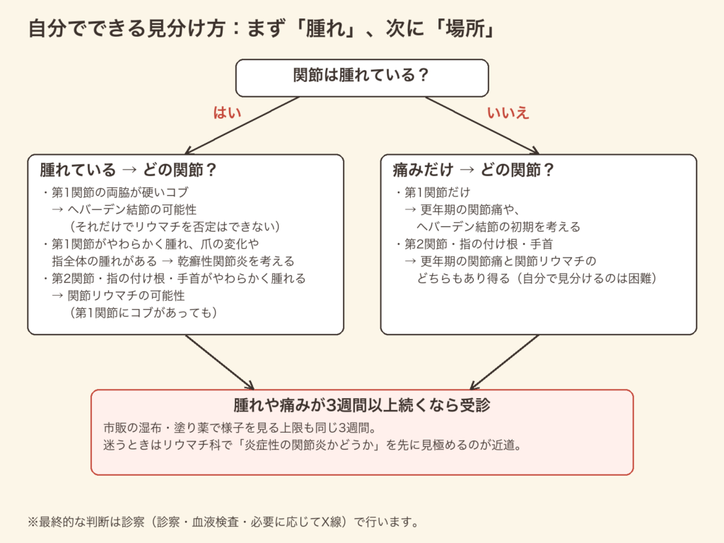 自分でできる見分け方の流れ：関節が腫れているか→どの関節か→3週間以上続くなら受診