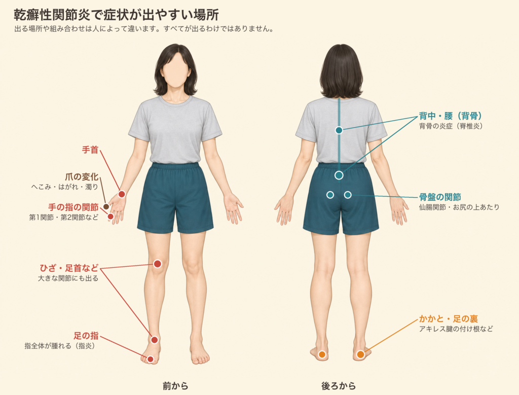 乾癬性関節炎で症状が出やすい場所:手首、手の指の関節(第1関節・第2関節など)、爪の変化、ひざ・足首などの大きな関節、足の指(指全体が腫れる指炎)、背中・腰(背骨)、骨盤の関節(仙腸関節)、かかと・足の裏(アキレス腱の付け根など)。出る場所や組み合わせは人によって違う